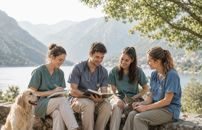 Students studying outdoors above the bay