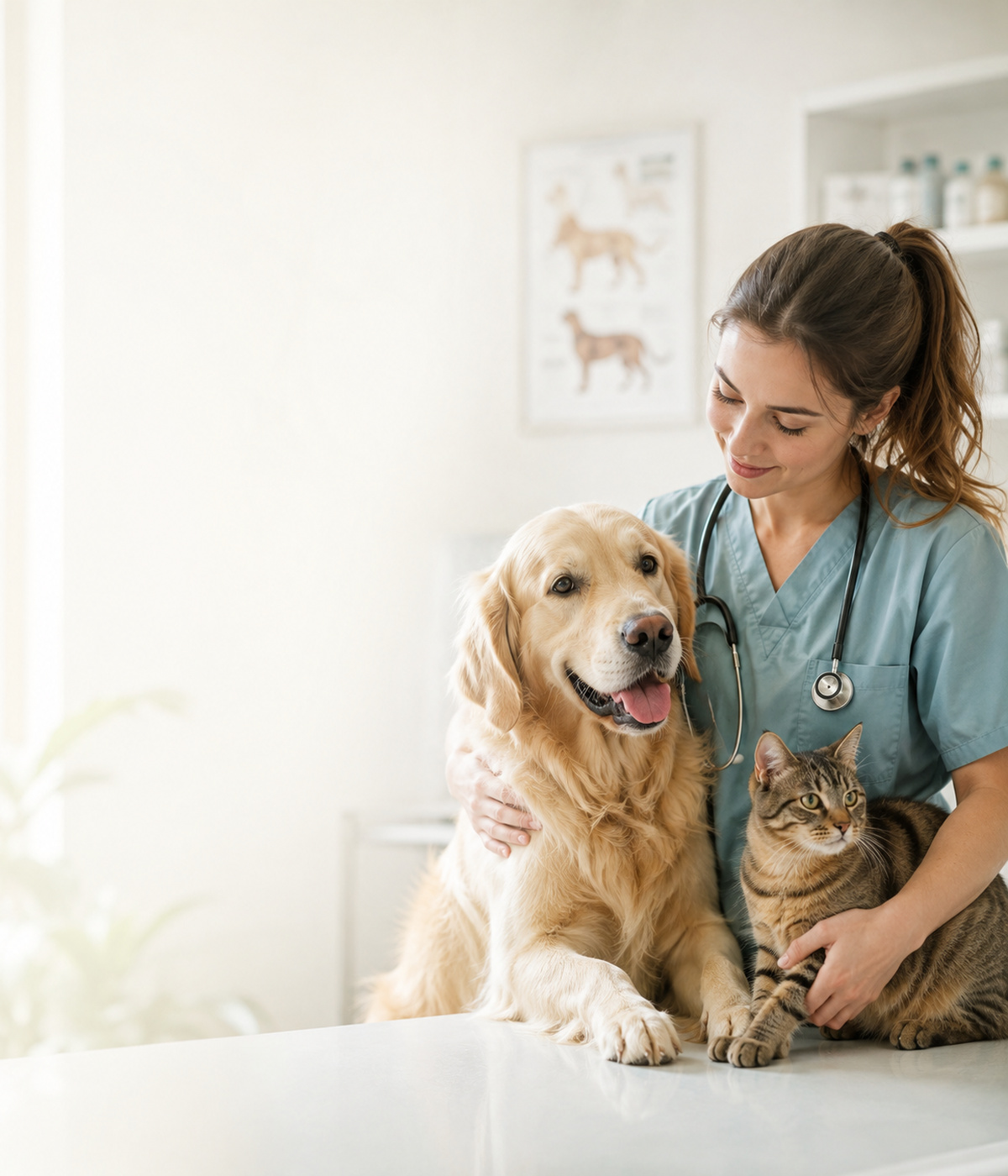 Veterinarian with a golden retriever and a cat in a clinic